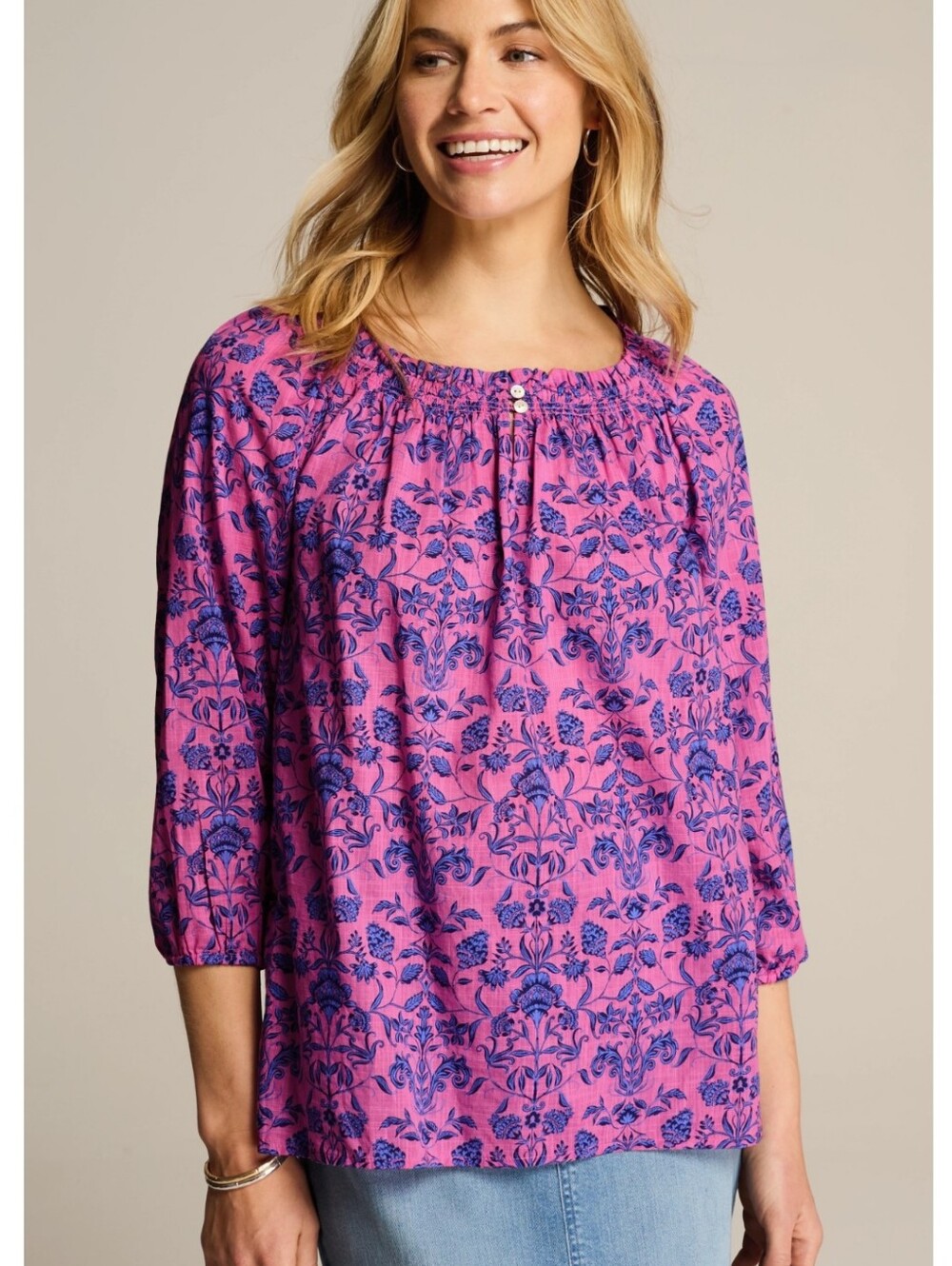 J. Jill Pink Smocked Top with Navy Floral Motif Bougainvillea Ornamental Trellis